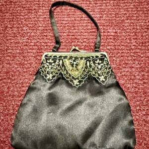 Vintage Style Black Satin Beaded Evening Bag Kiss Lock Clutch Wedding Formal